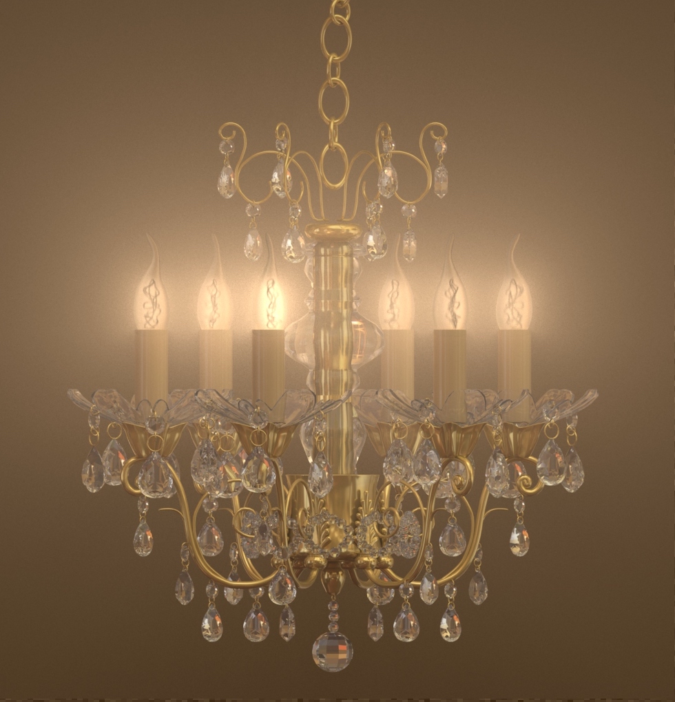 an image of the front of the chandelier. It is gold with glass candle lightbulbs. There are glass crystals in circle and gemstone shapes hanging from parts of the main structure.